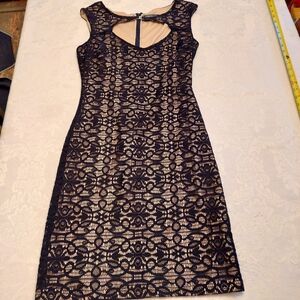 Guess Black Lace Overlay Midi Dress with Nude Lining